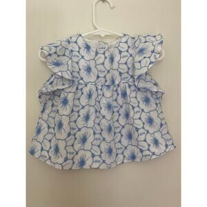 Janie and Jack White Blue Embroidered Floral Flutter Ruffle Top 6-12 Month Girl
